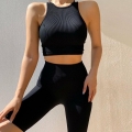 Women's 2 Piece Ribbed Yoga Workout Set High Waist Cycling Shorts And Sleeveless Tank Top Solid Color Athletic Fitness Outfits Gym Suits