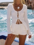 Women's 2-Piece Set Long Bell Sleeve Tie-Front Pleated Cardigan and High Waist Shorts Beach Vacation Textured Casual Outfit