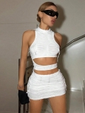 Women Sexy Two Piece Skirt Set Halter Knitted Crop Top And Ruched Bodycon Mini Skirt With Tassel Fringe Detailing Streetwear Outfits For Party Club Vacation