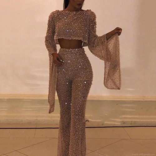 Women Sexy 2-Piece Sequin Set Sparkling Long Flare Sleeve Backless Crop Top and High Waisted Wide Leg Bell Bottom Pants Evening Party Nightclub Clubwear Outfit
