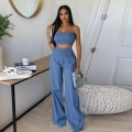 Women's Sexy Blue Two Piece Outfits Smocked Crop Tube Top And High Waist Wide Leg Pants Set Polyester Spandex Summer Vacation Casual Streetwear