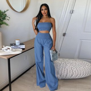 Women's Sexy Blue Two Piece Outfits Smocked Crop Tube Top And High Waist Wide Leg Pants Set Polyester Spandex Summer Vacation Casual Streetwear
