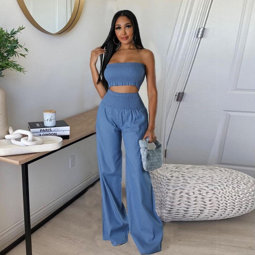 Women's Sexy Blue Two Piece Outfits Smocked Crop Tube Top And High Waist Wide Leg Pants Set Polyester Spandex Summer Vacation Casual Streetwear