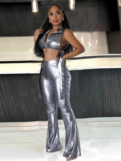 Women's Sexy Metallic PU Leather 2 Piece Outfits Sleeveless Zip Up Hollow Out Crop Top And High Waisted Flare Pants Set Streetwear Clubwear Party Suit