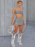 Women Sexy PU Leather Two Piece Set Grey Bandeau Crop Top and Lace Up Mini Skirt Set Clubwear Streetwear Party Outfit