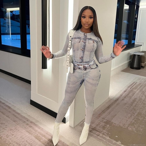 Women's 2 Piece Outfits Slim Fit Denim Texture Print Long Sleeve Crop Top And High Waist Bodycon Pants Set Streetwear Fashion Casual Polyester Suit For Women