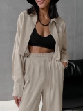 Women's 2 Piece Pants Set Long Sleeve Cropped Shirt and High Waist Drawstring Wide Leg Trousers Casual Minimalist Solid Color Cotton Polyester Blend Outfits For Daily Travel