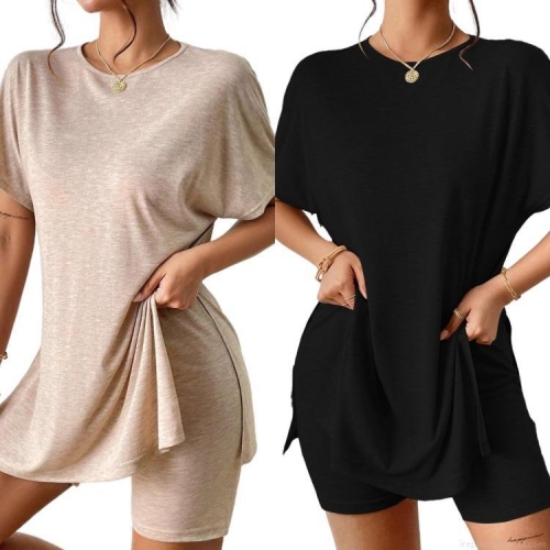 Women's 2-Piece Lounge Set Oversized Round Neck Batwing Sleeve T-Shirt Side Slit Top And High Waist Biker Shorts Polyester Spandex Summer Casual Sporty Home Outfits