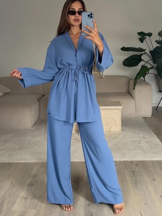 Women's Casual Two-Piece Set Elegant V-Neck Long Sleeve Drawstring Tie Top and High Waist Wide Leg Pants Commute Loungewear Suit Soft Polyester