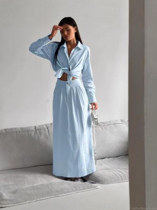 Women's Elegant 2 Piece Skirt Set Cotton Linen Texture Polyester Long Sleeve Tie Front Shirt and High Waist Maxi Skirt Casual Commuter Outfit for Women