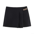 Women High Waist A-Line Shorts With Metal Gold Chain Detail Pleated Design Elegant Polyester Casual Shorts For Office Party Lady