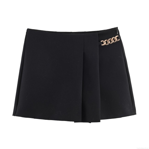 Women High Waist A-Line Shorts With Metal Gold Chain Detail Pleated Design Elegant Polyester Casual Shorts For Office Party Lady