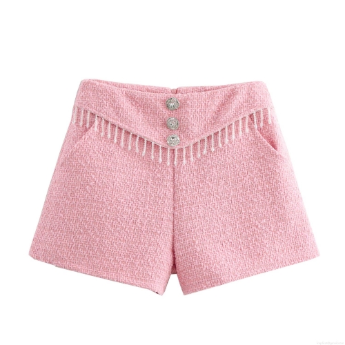 Women's Elegant Pink Tweed Shorts With Sparkling Rhinestone Buttons And Fringed Tassel Hem High Waist A-Line Short Pants For Party Daily Wear