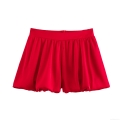 Women's Elegant Red Satin Bubble Shorts Mid Waist Pleated Bloom Shorts With Hidden Zipper Summer Casual Solid Color Polyester Hot Pants