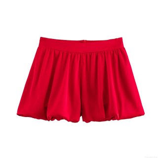 Women's Elegant Red Satin Bubble Shorts Mid Waist Pleated Bloom Shorts With Hidden Zipper Summer Casual Solid Color Polyester Hot Pants