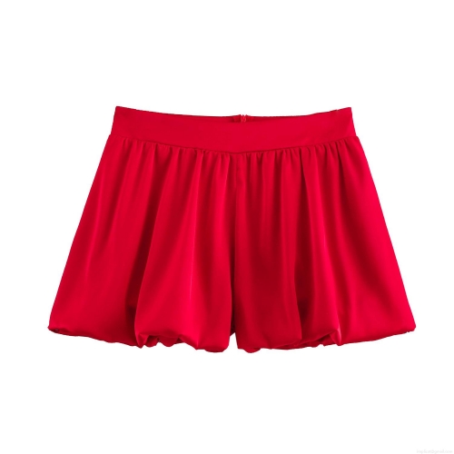 Women's Elegant Red Satin Bubble Shorts Mid Waist Pleated Bloom Shorts With Hidden Zipper Summer Casual Solid Color Polyester Hot Pants