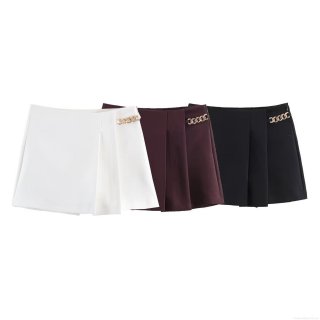 Women European American Fashion Culottes Skorts With Gold Chain Decoration Pleated Middle Waist Polyester Casual Shorts For Summer Streetwear