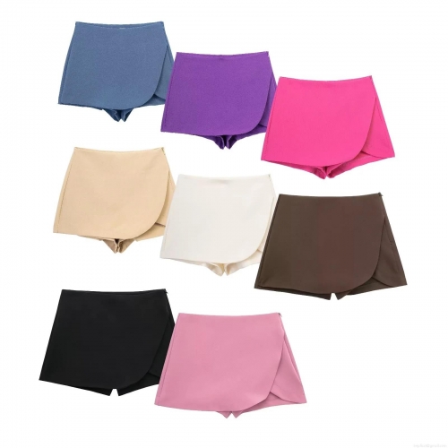 Women's High Waist Asymmetric Wrap Skort Solid Color Polyester Short Pants With Side Zipper Casual Streetwear Summer Slim Fit Skirt Shorts For Ladies