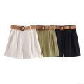 Women's Summer High Waisted Wide Leg Shorts Polyester Solid Color Pleated Casual Beach Shorts With Woven Straw Belt And Wooden Buckle Fashion Streetwear