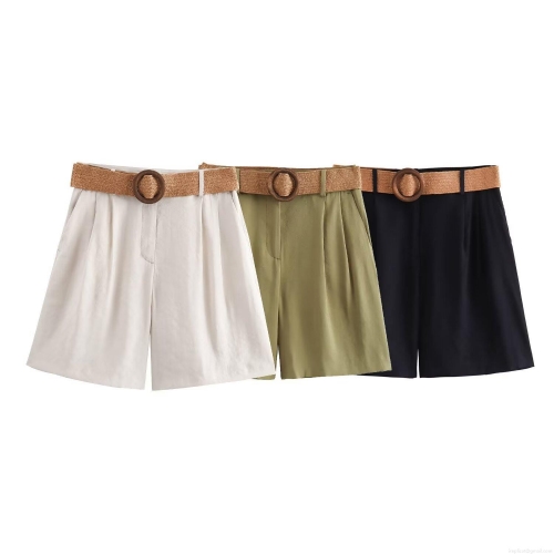 Women's Summer High Waisted Wide Leg Shorts Polyester Solid Color Pleated Casual Beach Shorts With Woven Straw Belt And Wooden Buckle Fashion Streetwear