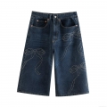 Women's Vintage Rhinestone Bow Denim Shorts Summer Casual Loose Wide Leg Jean Shorts Streetwear Dark Blue Washed Denim Culottes