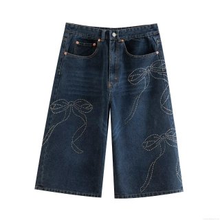 Women's Vintage Rhinestone Bow Denim Shorts Summer Casual Loose Wide Leg Jean Shorts Streetwear Dark Blue Washed Denim Culottes