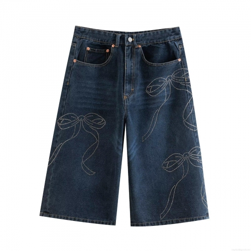 Women's Vintage Rhinestone Bow Denim Shorts Summer Casual Loose Wide Leg Jean Shorts Streetwear Dark Blue Washed Denim Culottes