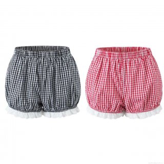 Women's Gingham Lace Trim Shorts Elastic Waist Plaid Bloomers Pumpkin Pants Streetwear Bottoms Summer Beach Casual Wear for Women