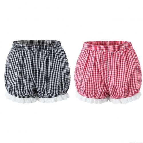 Women's Gingham Lace Trim Shorts Elastic Waist Plaid Bloomers Pumpkin Pants Streetwear Bottoms Summer Beach Casual Wear for Women