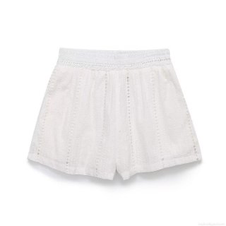 Women's Cotton Polyester Embroidery Hollow Out Shorts Summer Beach Vacation High Waist Elastic Wavy Hem Casual Solid Color Streetwear Shorts for Women