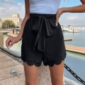 Women's High Waist Scalloped Hem Shorts With Bow Tie Casual Summer Beach Wide Leg Short Pants Sweet Elegant Solid Color Scalloped Edge Shorts