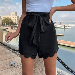 Women's High Waist Scalloped Hem Shorts With Bow Tie Casual Summer Beach Wide Leg Short Pants Sweet Elegant Solid Color Scalloped Edge Shorts