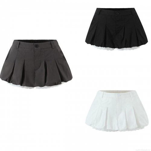 Women's Pleated Skorts Shorts 100% Cotton Lace Trim Breathable Low Waist Daily Summer Streetwear Dating Retro Sweet A-Line Style Women Button Decorative