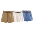 Women's High Waisted Denim Shorts With Belt Casual Paperbag Waist A-Line Summer Shorts Polyester Blend Streetwear Short Pants For Women