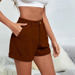 Women's Casual Corduroy High Waisted Wide Leg Shorts With Pockets 100% Polyester Cuffed Straight Short Pants For Vacation Summer Daily Wear