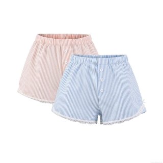Women's Striped Casual Shorts Polyester Lace Trim Decorative Buttons Elastic Waist Loose Home Sleepwear Summer Bottoms For Ladies