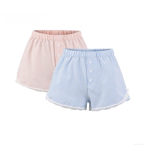 Women's Striped Casual Shorts Polyester Lace Trim Decorative Buttons Elastic Waist Loose Home Sleepwear Summer Bottoms For Ladies