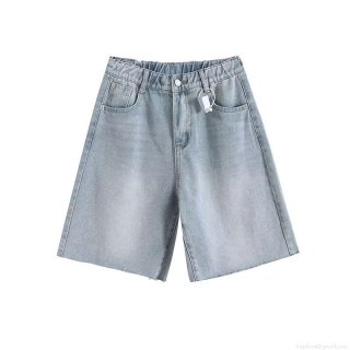 Women's Casual Elastic High Waist Denim Shorts Loose Fit Straight Leg Light Blue Washed Jean Shorts with Raw Hem and Pockets Five-Point Pants