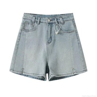 Women's Casual Denim Shorts Washed Light Blue Cotton Blend High Waist A-Line Straight Leg Shorts With Side Slit Streetwear Summer Fashion