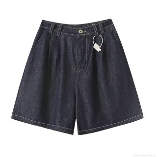 Women's Denim Shorts High Waist Elastic Waistband Straight Leg Casual Pleated Five-Point Shorts Deep Blue Street Style Summer Bottoms for Women