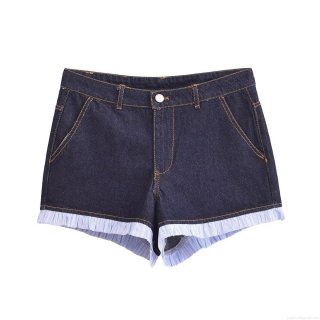 Women's Casual Denim Shorts With Ruffled Striped Lace Hem Contrast Stitching Low Waist Polyester Blend Summer Streetwear Fashion Jean Shorts For Women