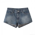 Women's Casual Low Waist Washed Denim Shorts Summer Streetwear Polyester Blend Hot Pants Mini Jean Shorts with Pockets and Metal Button