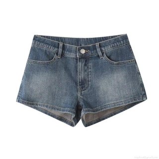 Women's Casual Low Waist Washed Denim Shorts Summer Streetwear Polyester Blend Hot Pants Mini Jean Shorts with Pockets and Metal Button