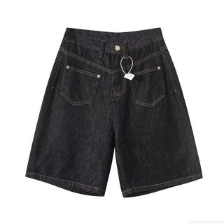 Women's Summer European Style Loose Denim Shorts Contrast Stitching V-Shape High Waist Wide Leg Five-Point Pants Black Streetwear Casual Bottoms