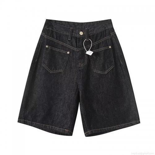 Women's Summer European Style Loose Denim Shorts Contrast Stitching V-Shape High Waist Wide Leg Five-Point Pants Black Streetwear Casual Bottoms