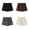 Women Summer Casual Shorts High Waisted Elastic Drawstring Waist Solid Color Polyester Breathable Street Style Loose Beach Shorts for Women
