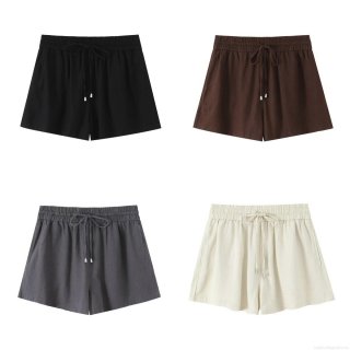 Women Summer Casual Shorts High Waisted Elastic Drawstring Waist Solid Color Polyester Breathable Street Style Loose Beach Shorts for Women