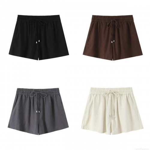 Women Summer Casual Shorts High Waisted Elastic Drawstring Waist Solid Color Polyester Breathable Street Style Loose Beach Shorts for Women