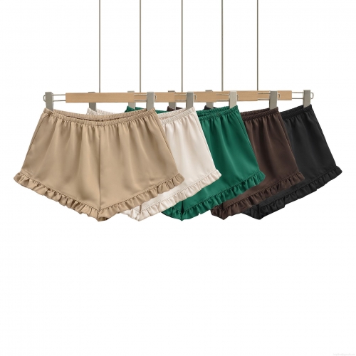 Women's Casual Satin Shorts Elastic Waist Ruffle Hem Solid Color Polyester Blend Lounge Shorts For Summer Home Streetwear