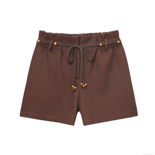 Women's Casual Shorts With Wood Bead Belt Elastic High Waist Solid Color Straight Leg Polyester Short Pants For Summer Streetwear Vacation Beach Wear